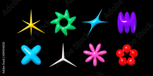 3D abstract fluid plastic shapes with gloss. Inflated puffy simple elements for Y2K or 90s design. Vector isolated icons set - star, flash, spike, flower, wave photo
