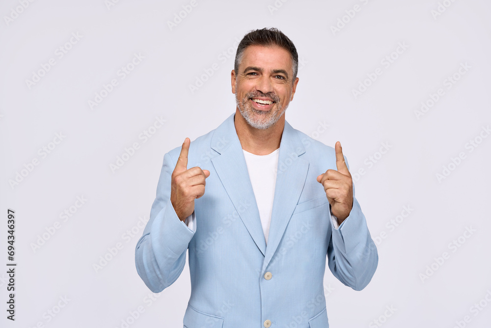 Happy middle aged business man entrepreneur, smiling older professional manager, confident businessman looking at camera pointing up advertising product or service isolated on white background. Happy middle aged business man entrepreneur, smiling older professional manager, confident businessman looking at camera pointing up advertising product or service isolated on white background.