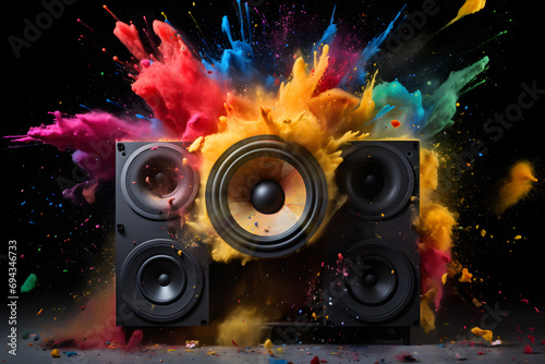 Powerful sound system with audio at maximum volume represented by an explosion of colors coming from the loudspeakers placed against a black background.