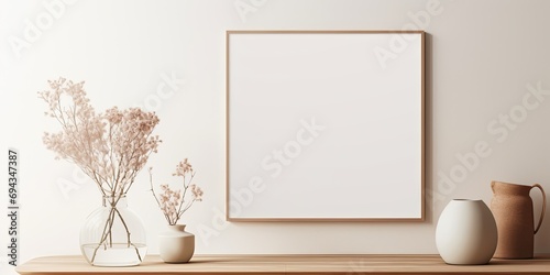 Stylish home decor featuring a minimalist dining space with a round wooden table, design chair, mock-up poster frame, vase of dried flowers, and personal accessories. Template used.
