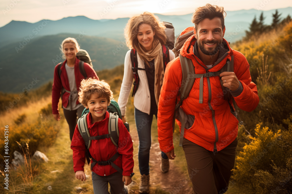Portrait of a happy family hiking in the mountains at sunset. Family time