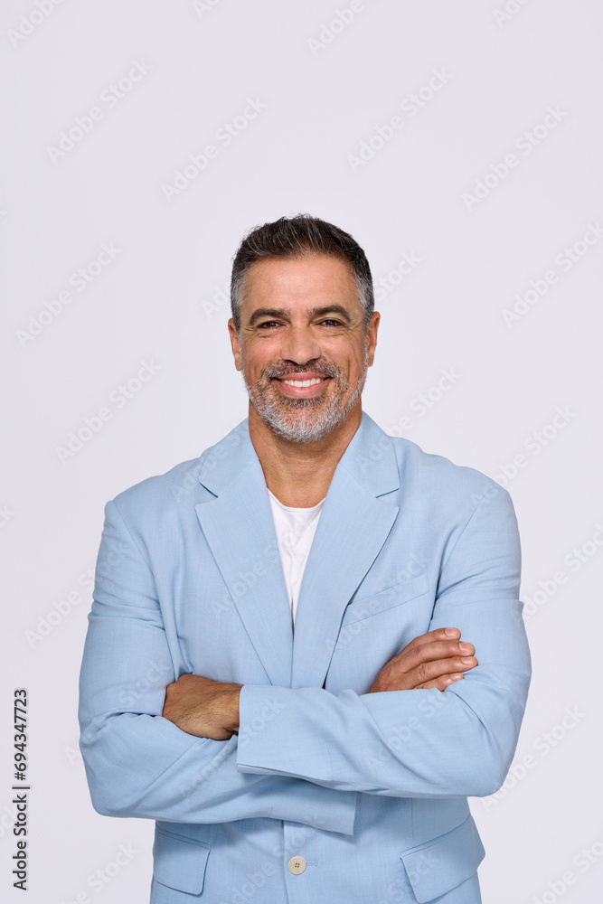Happy middle aged business man ceo entrepreneur, smiling older professional executive manager, confident businessman looking at camera standing with arms crossed isolated on white, vertical portrait. Happy middle aged business man ceo entrepreneur, smiling older professional executive manager, confident businessman looking at camera standing with arms crossed isolated on white, vertical portrait.