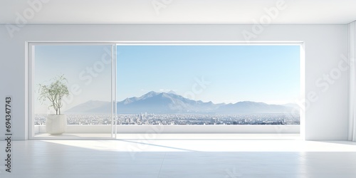 Minimalist white interior with panoramic view