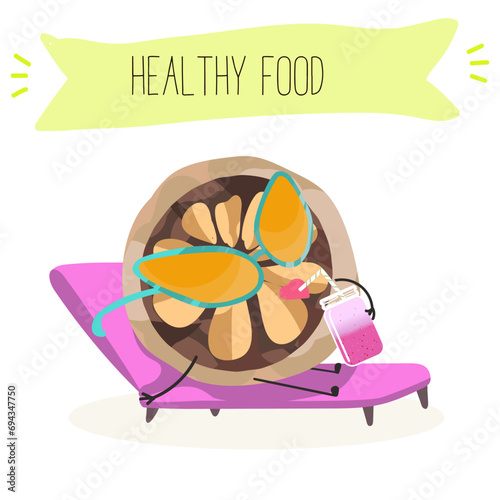 Cute brazil nut cartoon characters with different activities. Flat vector illustration, funny nut. Organic food. Antioxidant.