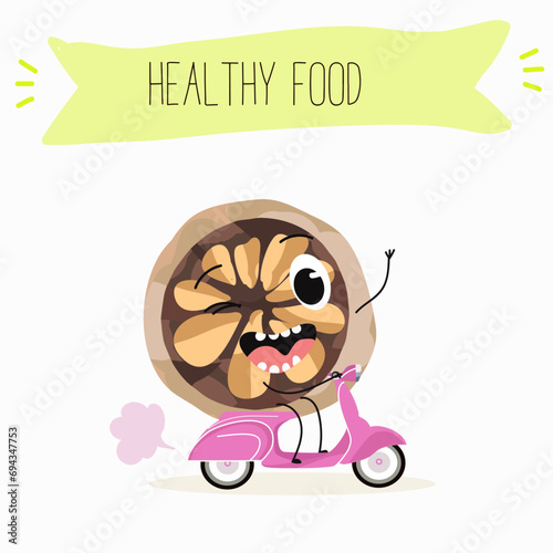 Cute brazil nut cartoon characters with different activities. Flat vector illustration, funny nut. Organic food. Antioxidant.