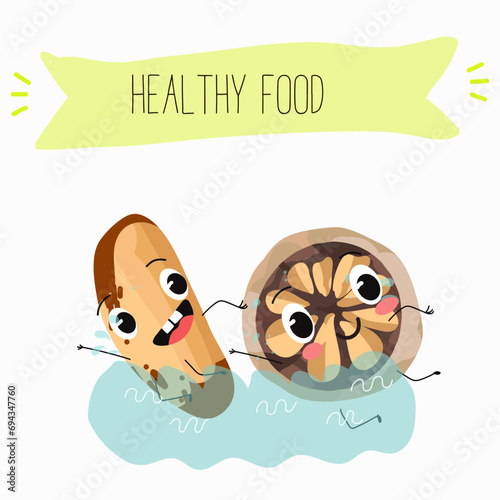 Cute brazil nut cartoon characters with different activities. Flat vector illustration, funny nut. Organic food. Antioxidant.