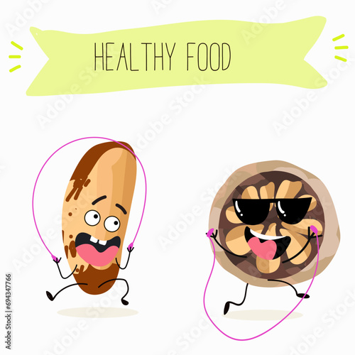 Cute brazil nut cartoon characters with different activities. Flat vector illustration, funny nut. Organic food. Antioxidant.