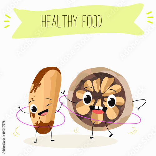 Cute brazil nut cartoon characters with different activities. Flat vector illustration, funny nut. Organic food. Antioxidant.