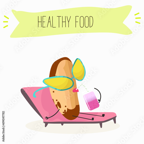 Cute brazil nut cartoon characters with different activities. Flat vector illustration, funny nut. Organic food. Antioxidant.