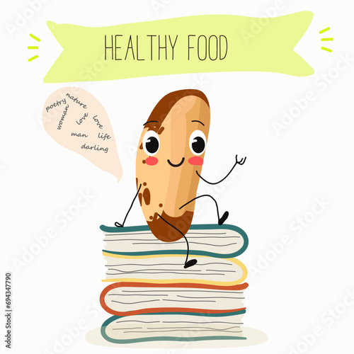 Cute brazil nut cartoon characters with different activities. Flat vector illustration, funny nut. Organic food. Antioxidant.