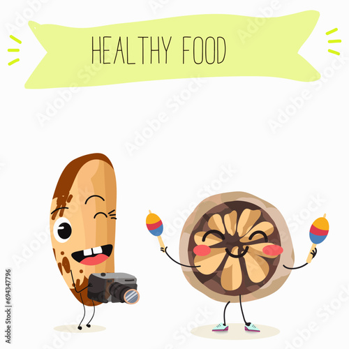Cute brazil nut cartoon characters with different activities. Flat vector illustration, funny nut. Organic food. Antioxidant.
