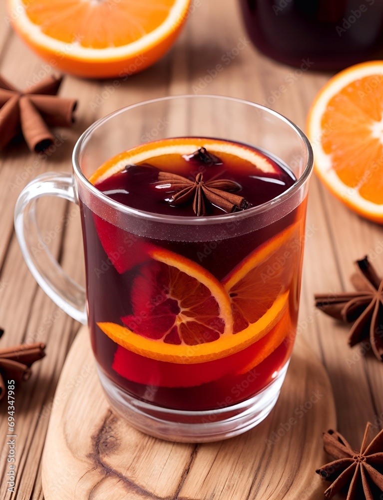 Winter mulled wine with orange and cinnamon. AI generated illustration Winter mulled wine with orange and cinnamon. AI generated illustration