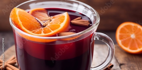 Winter mulled wine with orange and cinnamon. AI generated illustration