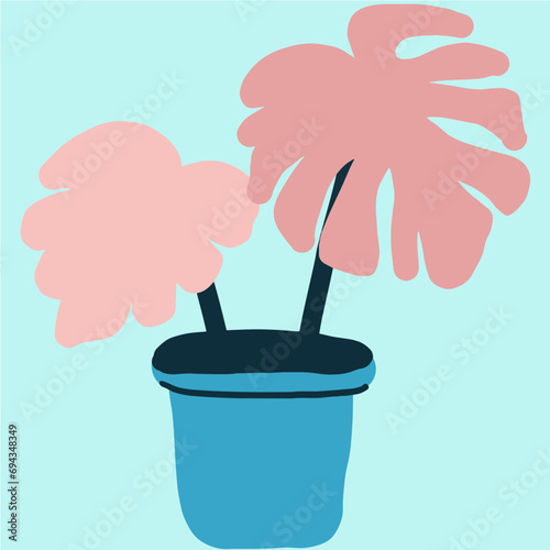 abstract monstera in blue pot line art drawing
