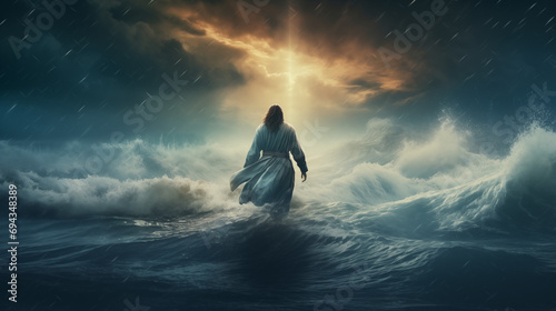 Jesus Walking on Water Amidst the Storm - Spiritual Christian Art for Faithful Reflection Christmas Xmas photo