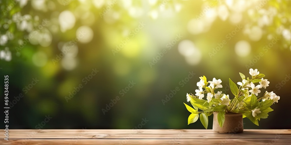 Wooden tabletop in lush garden. Blurred greenery creates abstract and enchanting atmosphere evoking feelings of sunny day in spring or summer Wooden tabletop in lush garden. Blurred greenery creates abstract and enchanting atmosphere evoking feelings of sunny day in spring or summer