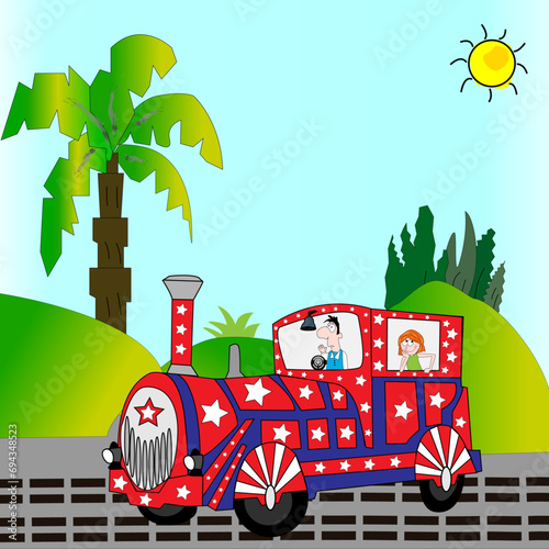Paisaje con máquina de tren infantil.