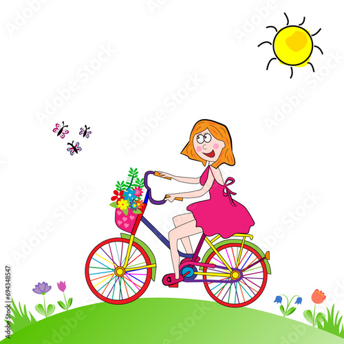 Niña feliz montando en bicicleta en el campo.