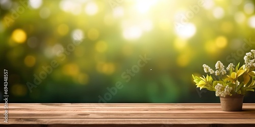 Wooden tabletop in lush garden. Blurred greenery creates abstract and enchanting atmosphere evoking feelings of sunny day in spring or summer