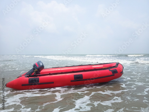 2nd February, 2022, Digha, East Midnapur, West Bengal, India: Speed boat for water sports activity at Digha beach.