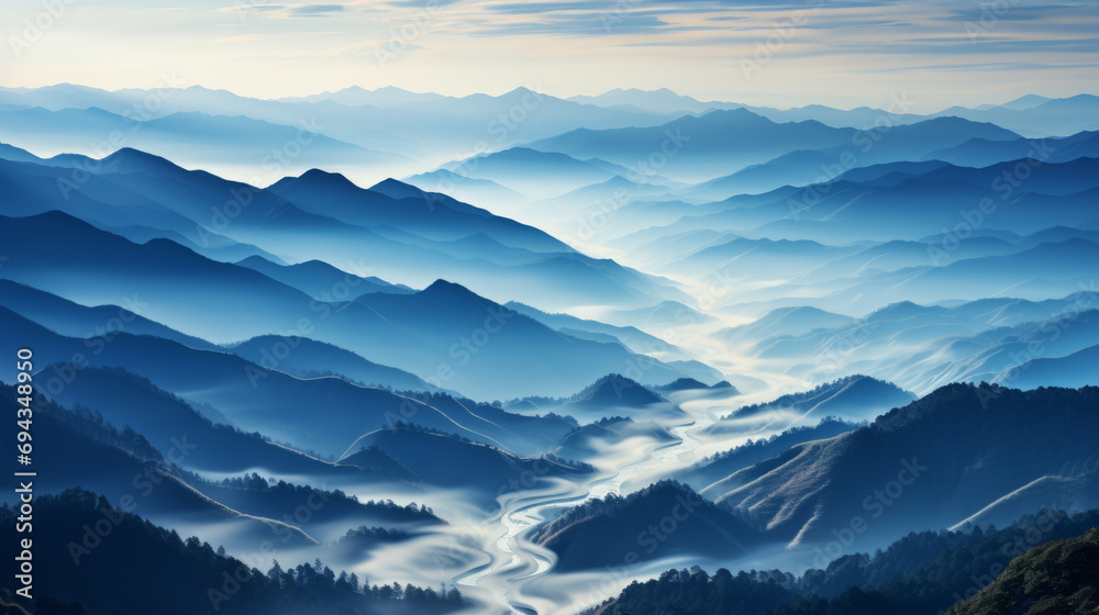 Landscape with blue mountains in a fog in a morning. In the style of light navy and blue, layered lines.