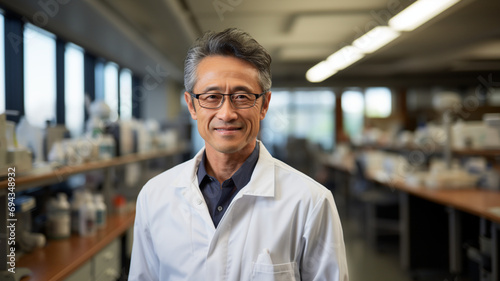 Male scientist in a laboratory environment against a neutral-colored backdrop