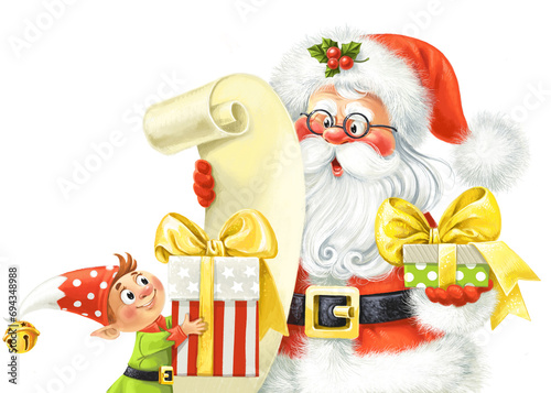 Santa Claus and the elf choose gifts for children from a long list of who behaved well this year