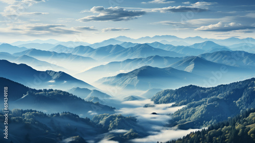 Landscape with blue mountains in a fog in a morning. In the style of light navy and blue  layered lines.