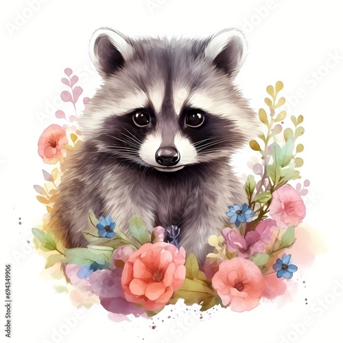 cute raccoon Flower watercolor Illustration 