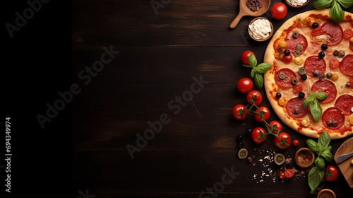 copy space, stockphoto, tasty pizza, top view. Beautiful background for national pizza day, italian restaurant menu or pizzeria. Traditional Italian food. National pizza day.