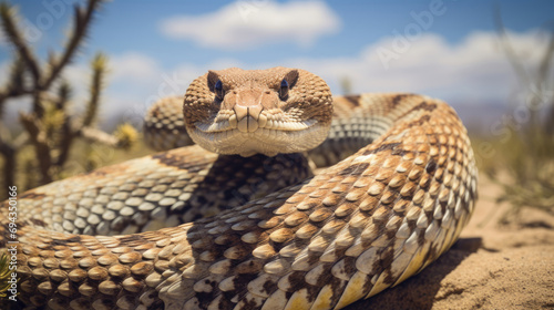 a desert venomous rattlesnake looks ahead while coiled in the desert grass  created with Generative AI Technology © AstraNova