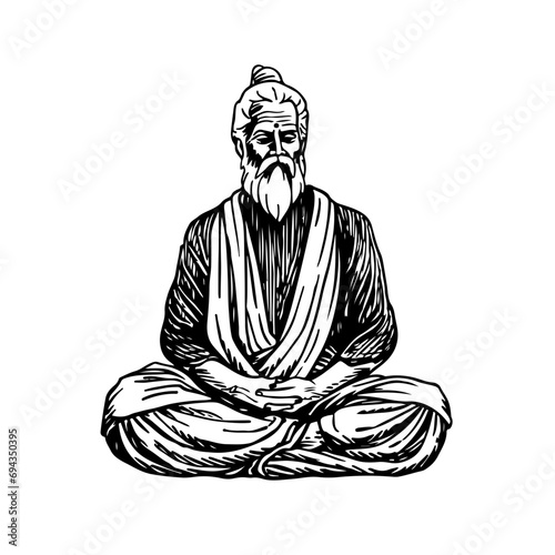 Indian Old man in Traditional clothes sitting in lotus position meditating. Elderly male yogi practice yoga photo