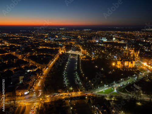 Aerial view of Timisoara  Romania with the city lights and Christmas lights at blue hour