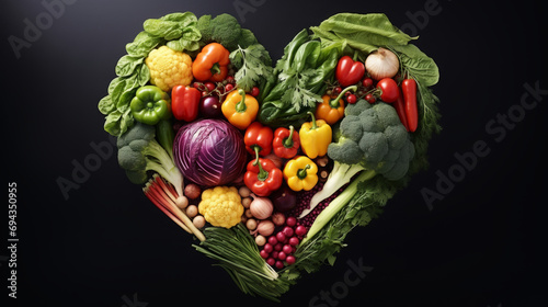 Vegetables in the shape of a heart on black background. Healthy and eco food for diet. Vegetables love