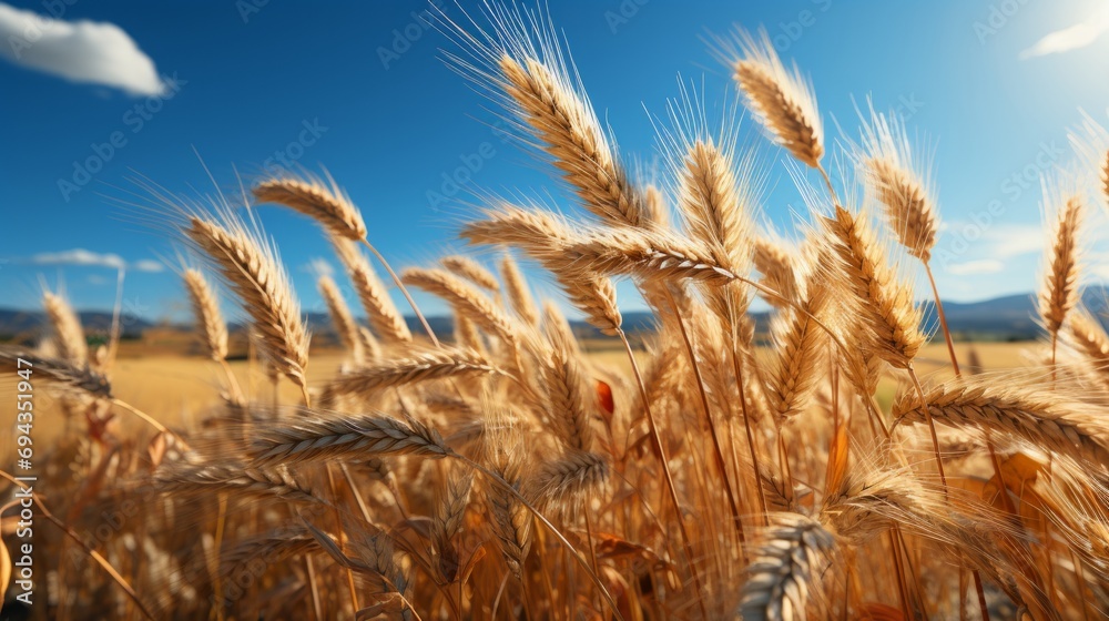 An idyllic summer scene, with a vast field of golden wheat swaying in the breeze under a clear blue sky, symbolizing the abundance and nourishment of nature's harvest