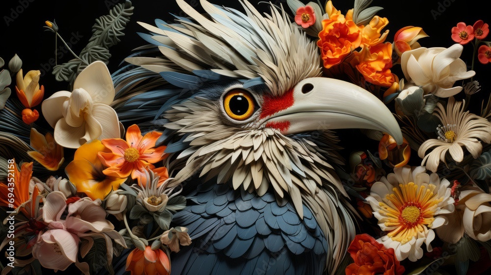 A majestic bird adorned with delicate flowers embodies the beauty and grace of nature A majestic bird adorned with delicate flowers embodies the beauty and grace of nature