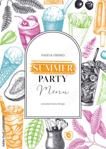 Summer party flyer design. Non-alcoholic beverage, mocktail, ice cream, fruit, cocktail sketches. Hand drawn vector illustration. Summer food and drinks. Tropical background, bar menu, poster design