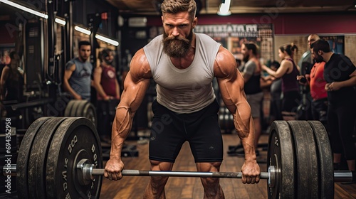 Muscular man doing barbell lift in the gym. photo