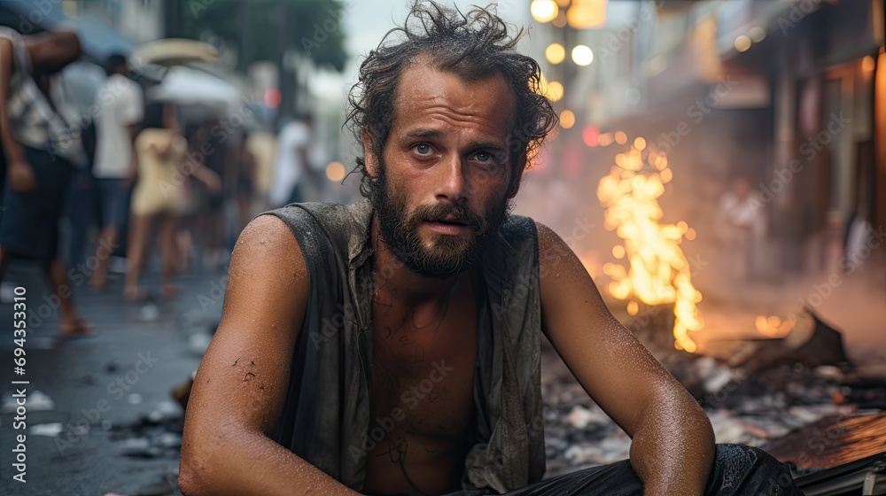 Portrait of a man addicted to alcohol and drugs, living on the street.