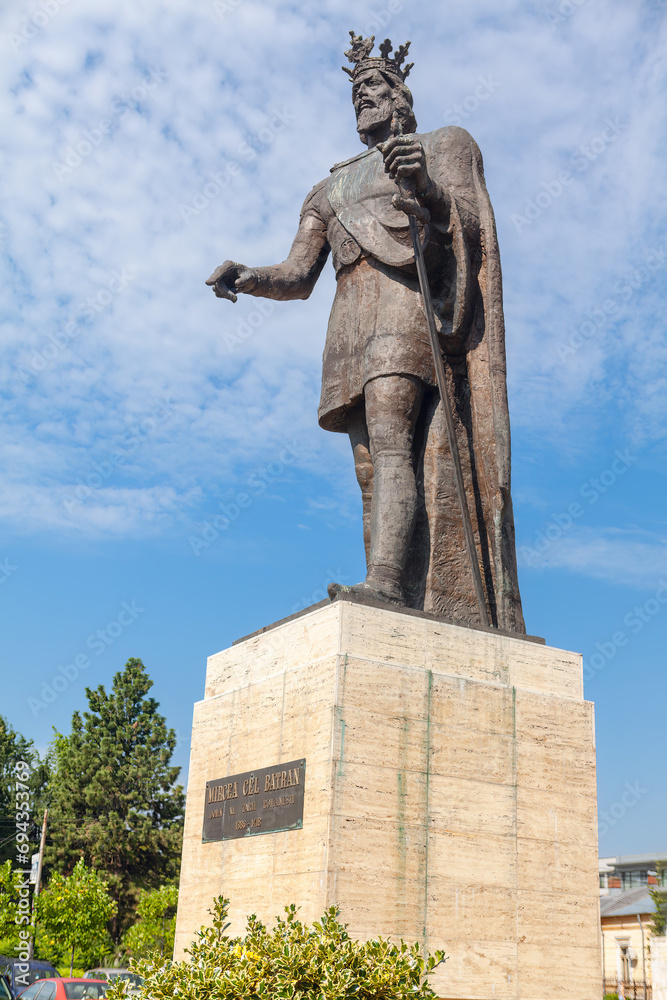 Monument of Mircea cel Batran in Pitesti Romania . Sculpture of  Voivode of Wallachia