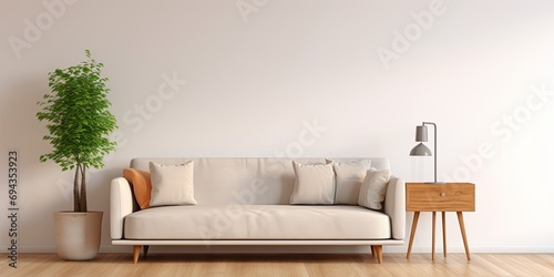 Modern style living room with fabric sofa, side table, and empty white wall on wood floor. © Vusal