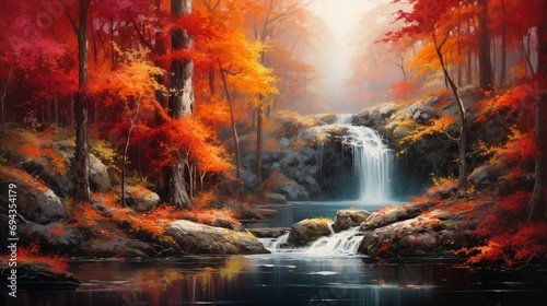 A hidden oasis in an autumn forest  featuring a stunning waterfall embraced by foliage in various shades of red and yellow  painting a vivid portrait of nature s artistry.