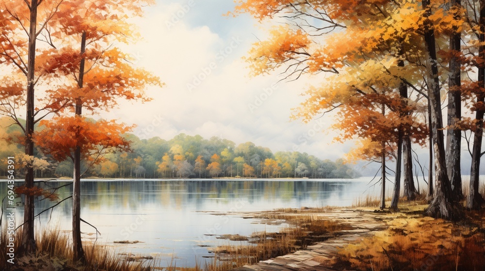 A peaceful lake framed by trees with leaves changing color