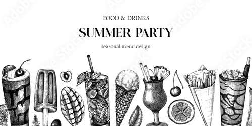 Summer party background. Non-alcoholic beverage, mocktail, ice cream, fruit, cocktail sketches. Hand drawn vector illustration. Summer food festival frame. Tropical design