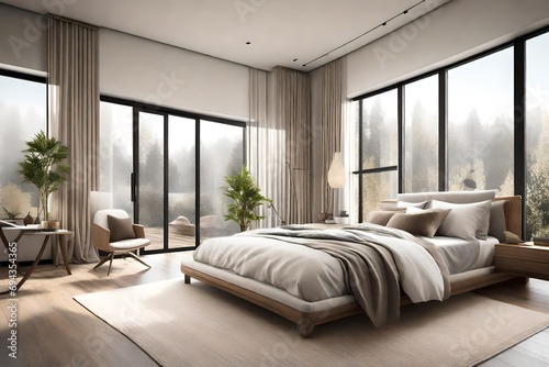 A bedroom in a contemporary house with a blend of neutral tones, plush bedding, and large windows that allow natural light to fill the space, creating a serene and cozy atmosphere