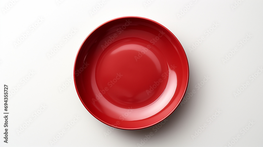 One red ceramic plate on a plain white background One red ceramic plate on a plain white background