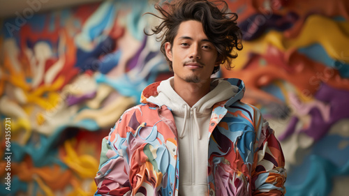 Male artist in creative attire against a neutral-colored backdrop