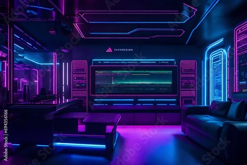 A sci-fi-themed gaming room with neon accents, futuristic furniture, and immersive wall murals.