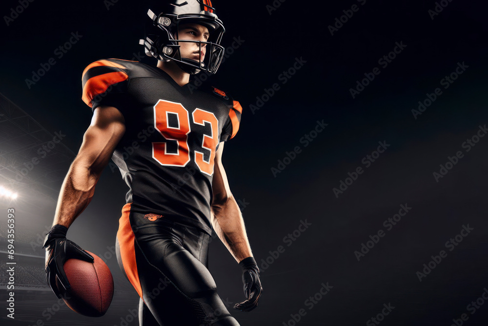 American football player at the stadium in black and orange outfit on solid black background. ai generative