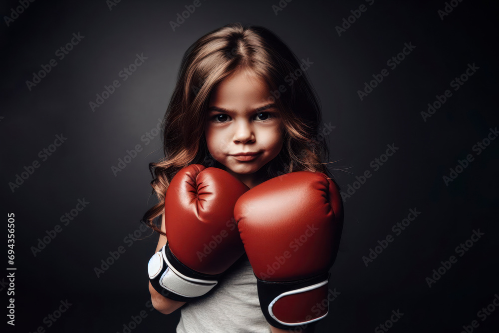 angry kid girl wearing red boxing gloves, confident smiling expression ready for fight. ai generative